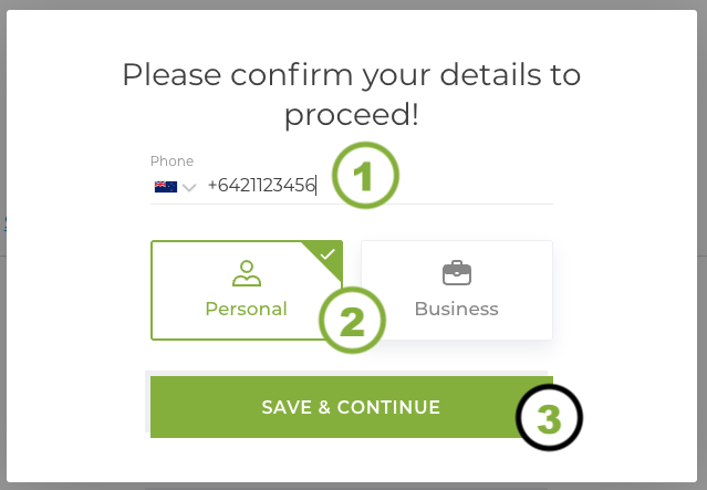 Enter phone and select personal or business